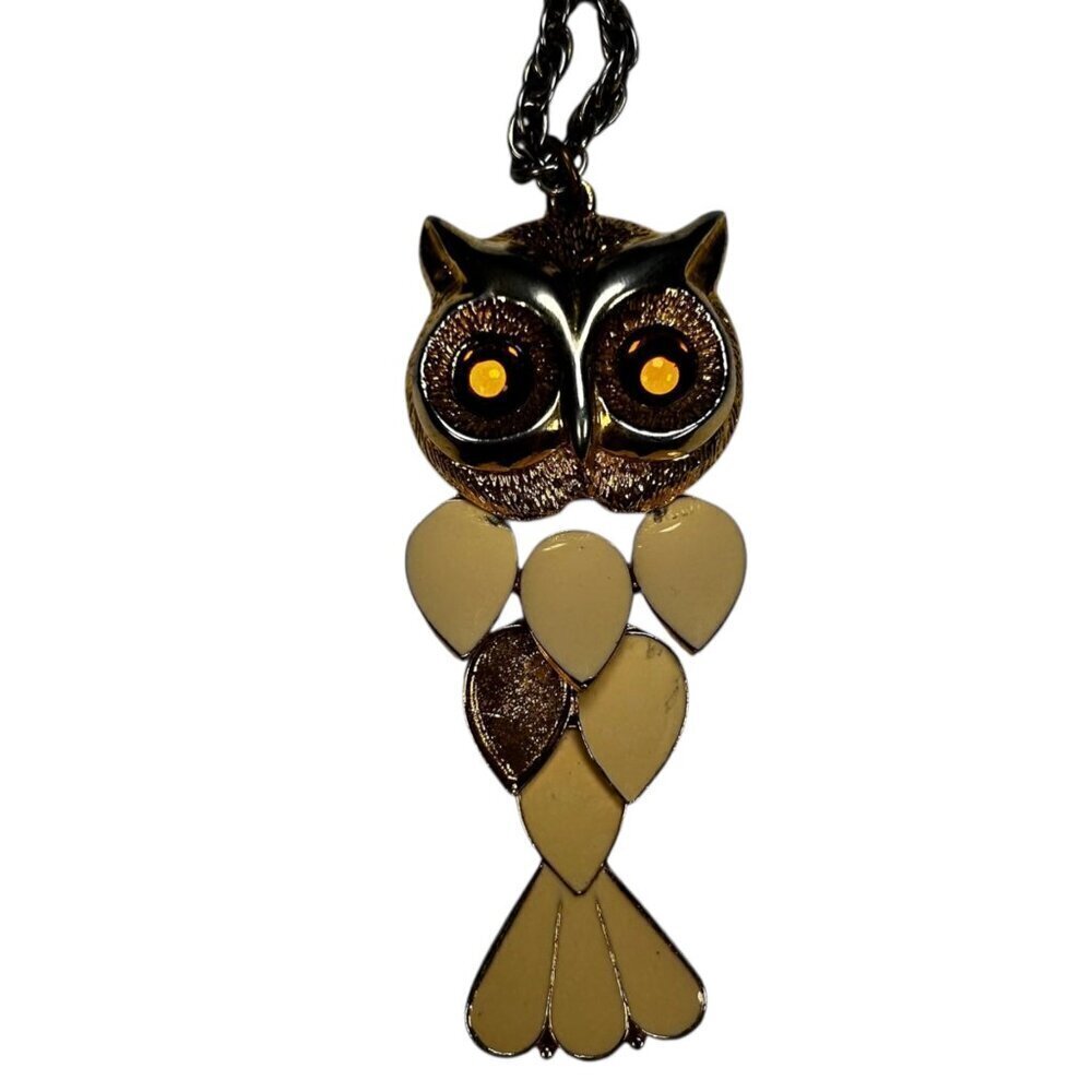 Vintage Enamel Articulated Owl Pendant Necklace Gold Tone 70s